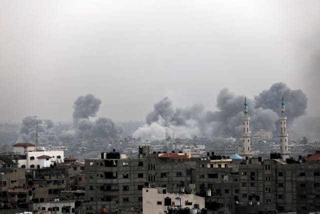 Smoke rises following an Israeli bombardment on Gaza City on Sunday