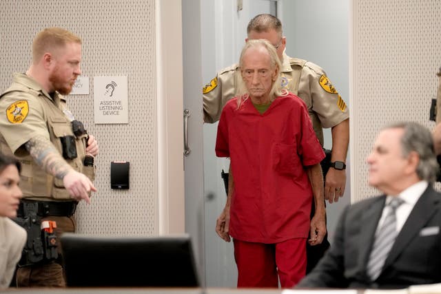 Joseph Czuba, 71, is led into a Will County courtroom for his arraignment over the murder of six-year old Wadea Al Fayoume, at the county courthouse in Joliet, Illinois 