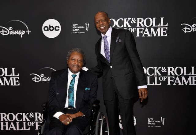 John Edwards, left, and Henry Fambrough of The Spinners arrive at the Rock & Roll Hall of Fame Induction Ceremony on November 3 2023, at Barclays Centre in New York 