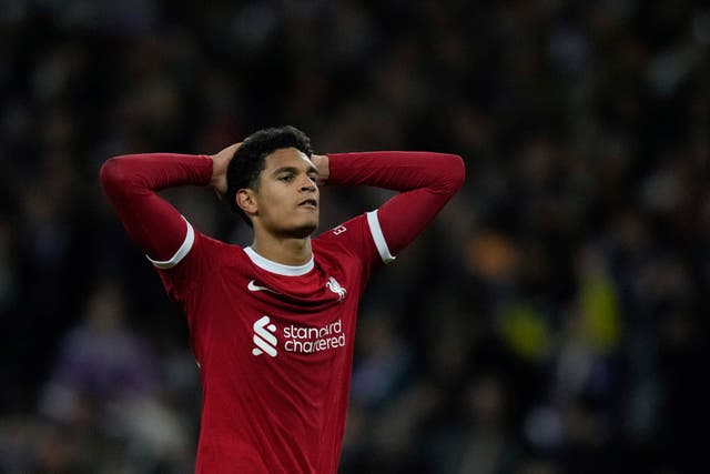 Liverpool’s Jarell Quansah puts his hands on his head