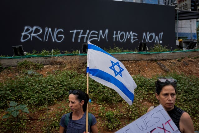 Families and friends of about 240 hostages held by Hamas in Gaza call for their return as they begin a five-day March for the Hostages from Tel Aviv to the Prime Minister’s Office in Jerusalem, in Tel Aviv, Israel