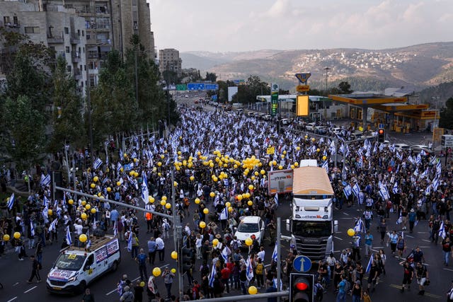 Family and supporters of the estimated 240 hostages held by Hamas in Gaza complete the final leg of a five-day solidarity rally calling for their return, from Tel Aviv to the Prime Minister’s office in Jerusalem