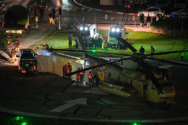 A helicopter carrying hostages released by Hamas lands at Schneider Children’s Medical Centre in Israel 