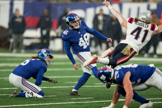 New York Giants' Randy Bullock kicks a field goal