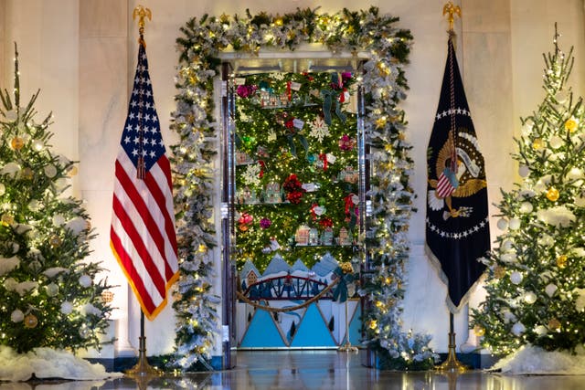 Holiday decorations adorn the Cross Hall of the White House for the 2023 theme Magic, Wonder, and Joy