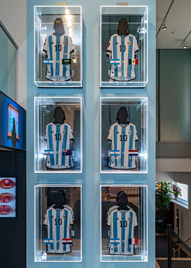 A collection of six shirts, worn by footballer Lionel Messi at the 2022 Fifa World Cup, on display at Sotheby’s in New York 