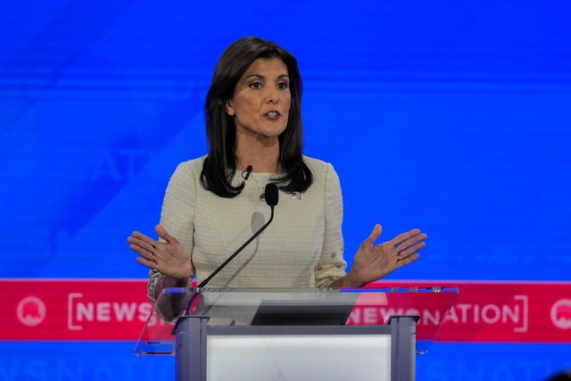 Republican presidential candidate and former UN ambassador Nikki Haley speaks during a Republican presidential primary debate hosted by NewsNation at the Moody Music Hall at the University of Alabama in Tuscaloosa 