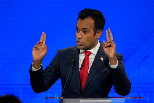 Republican presidential candidate and businessman Vivek Ramaswamy speaks during a Republican presidential primary debate hosted by NewsNation at the Moody Music Hall at the University of Alabama in Tuscaloosa