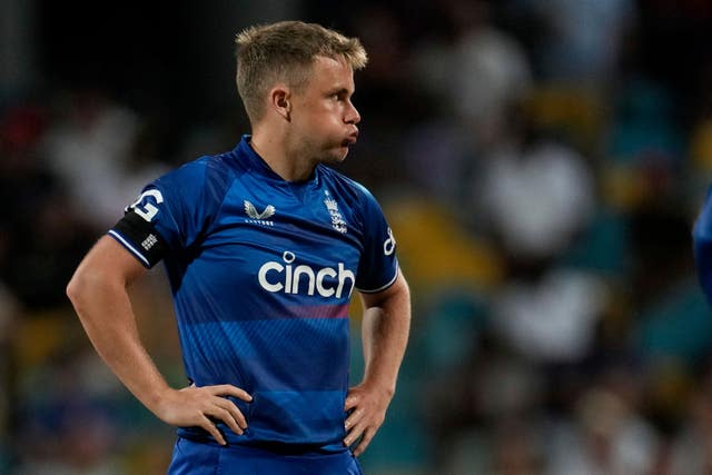 Sam Curran puffs out his cheeks during England's loss to the West Indies