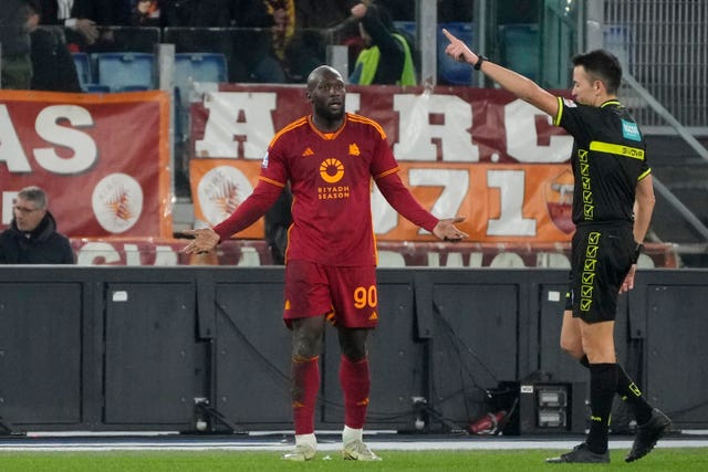 Roma’s Romelu Lukaku reacts after receiving a red card