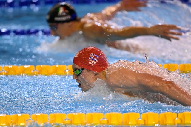 Great Britain's Duncan Scott on his way to silver in the men's 400 metres Individual Medley at the European Short Course Swimming Championships in Romania