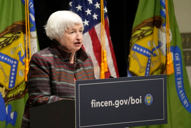 US Treasury Secretary Janet Yellen speaking at a lectern