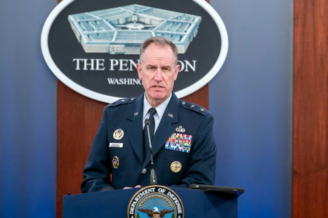 Pentagon press secretary Air Force Major General Pat Ryder takes questions from reporters during a press conference at the Pentagon in Washington