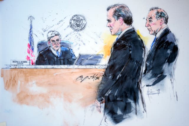 In this courtroom sketch, President Joe Biden’s son Hunter Biden, centre, appears alongside lawyer Abbe Lowell, right, in front of Judge Mark C Scarsi, left, in federal court in Los Angeles