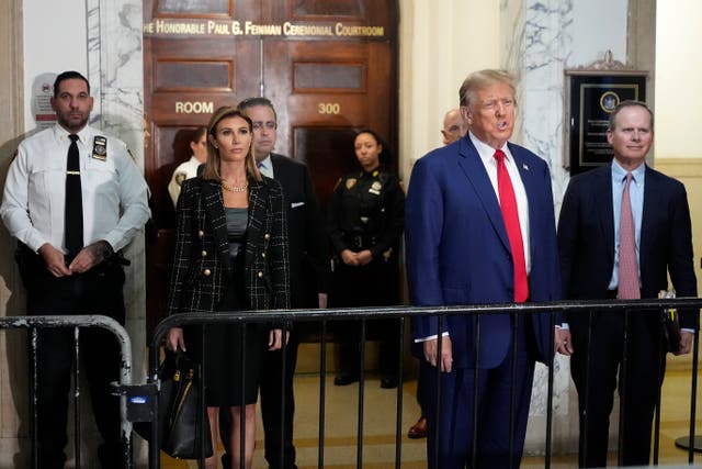 Former US president Donald Trump speaks upon arriving at New York Supreme Court
