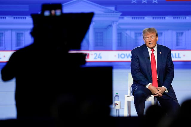 Republican presidential candidate former President Donald Trump speaks during a Fox News Channel town hall in Des Moines, Iowa, on Wednesday