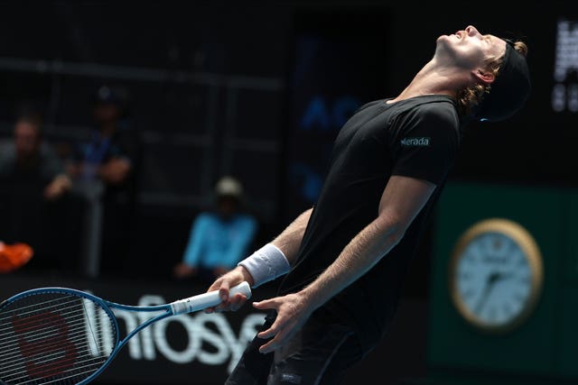 Dane Sweeny of Australia reacts during his first-round match against Francisco Cerundolo