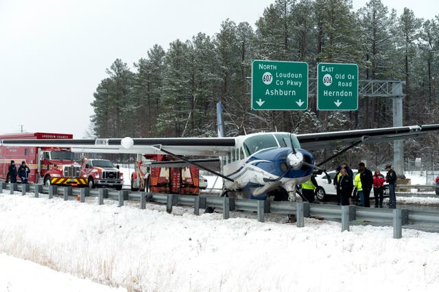 Southern Airways Express flight 246 after making an emergency landing on the Loudoun County Parkway in Dulles, Virginia, near Washington Dulles International Airport 
