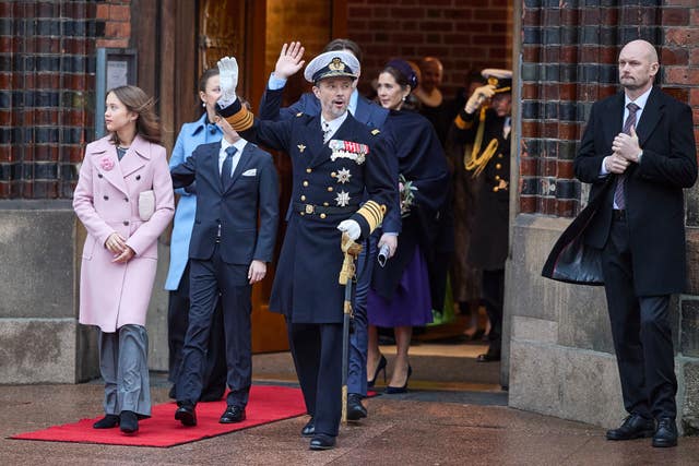 Denmark’s King Frederik X, Queen Mary, Crown Prince Christian, Princess Isabella, Princess Josephine and Prince Vincent greet the crowd after a service on the occasion of the change of throne in Denmark, at Aarhus Cathedral, in Aarhus, Denmark