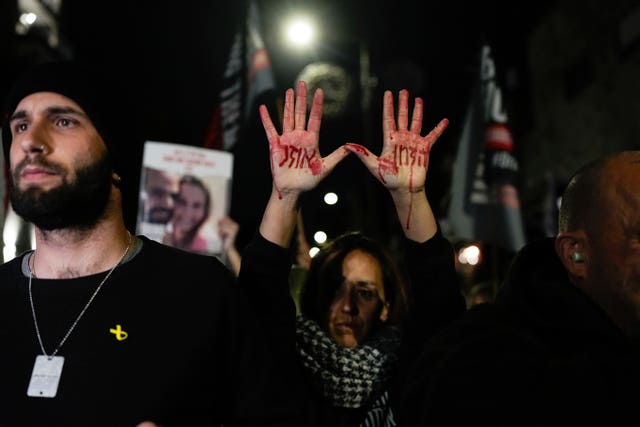Relatives and supporters of the Israeli hostages held in the Gaza Strip by Hamas attend a protest calling for their release outside Israel’s parliament in Jerusalem