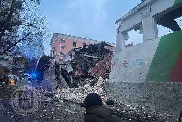 A destroyed apartment building in Kyiv 