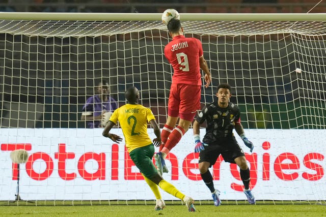 Tunisia substitute Haythem Jouini heads over late on (Themba Hadebe/AP)