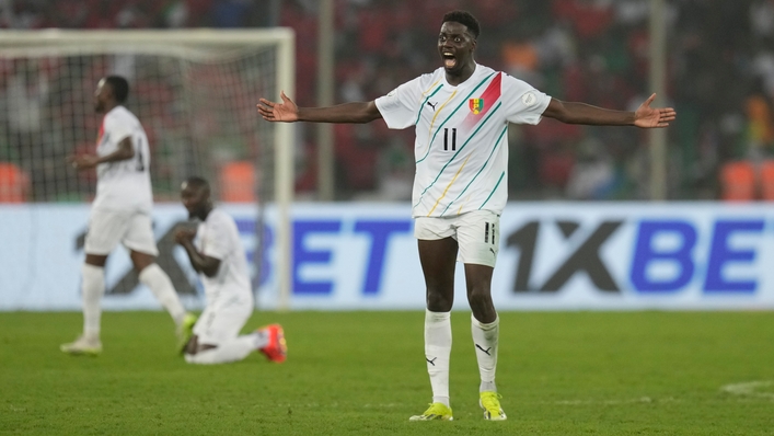 Guinea’s Mohamed Bayo reacts after scoring the winning goal during the Africa Cup of Nations match against Equatorial Guinea (Themba Hadebe/AP)