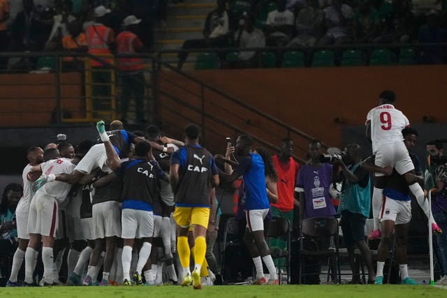 Cape Verde players celebrate their round-of-16 win against Mauritania