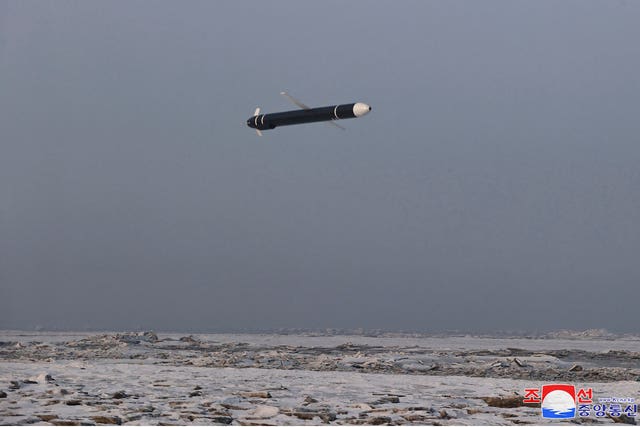 This photograph provided by the North Korean government shows what it says is a test firing of a cruise missile, Hwasal-2, into waters off its western coast on Tuesday