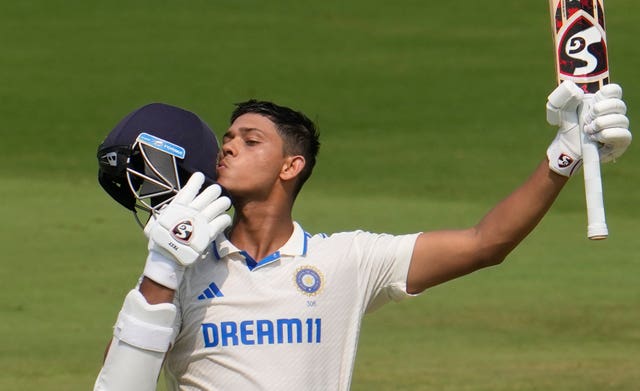 Yashasvi Jaiswal celebrates his century for India on the first day of the second Test against England 