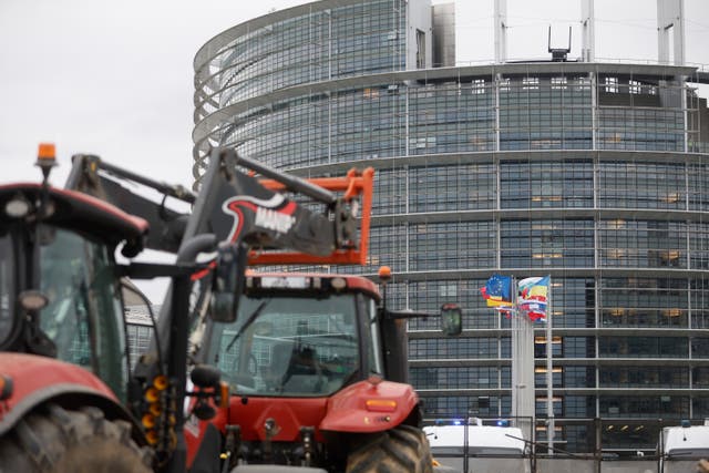 Farmers gathered outside the European Parliament in Strasbourg