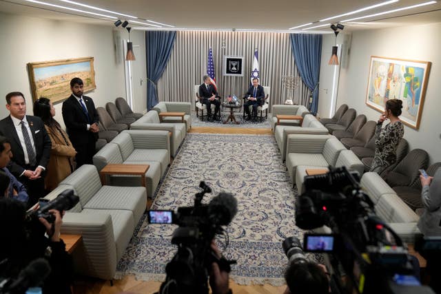 US secretary of state Antony Blinken, centre left, and Israel’s President Isaac Herzog, centre right, talk during their meeting at the President’s Residence in Jerusalem, Israel 