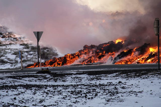 A view of lava near to the road to Grindavik close to the exit for the Blue Lagoon, in Grindavik, Iceland