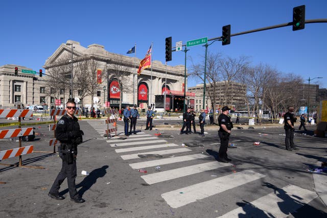 Police cordon off the area around Union Station following a shooting at the Kansas City Chiefs Super Bowl parade 