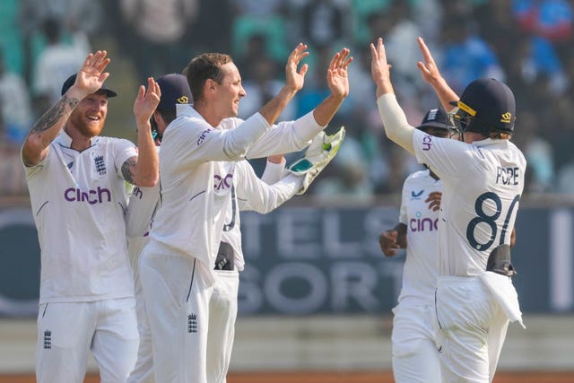 England’s Tom Hartley (second left) celebrates the wicket of India’s Rajat Patidar