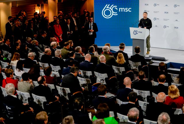 Ukrainian President Volodymyr Zelensky delivers a speech at the Munich Security Conference at the Bayerischer Hof Hotel in Munich, Germany 