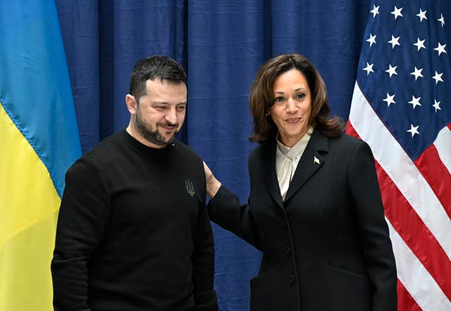 Ukrainian President Volodymyr Zelensky and US vice president Kamala Harris at the Munich Security Conference in Germany