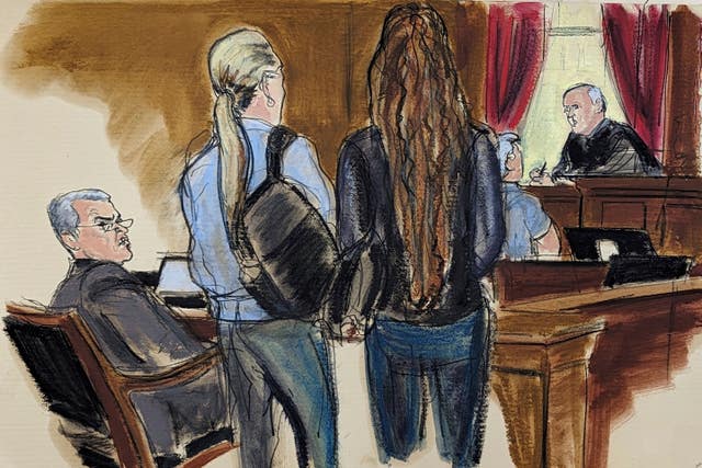 In this courtroom sketch, former Honduran president Juan Orlando Hernandez, seated left at the defence table, looks at prospective jurors who are waiting to speak with Judge P Kevin Castel