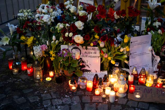 Tributes to Alexei Navalny near the Russian embassy in Budapest