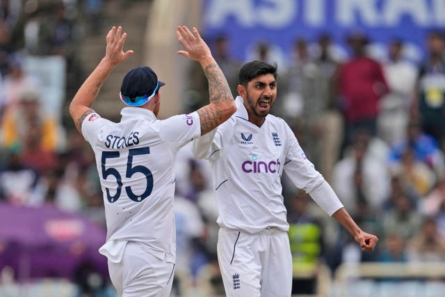 Shoaib Bashir, right, took four of the first five India wickets to fall (Ajit Solanki/AP)