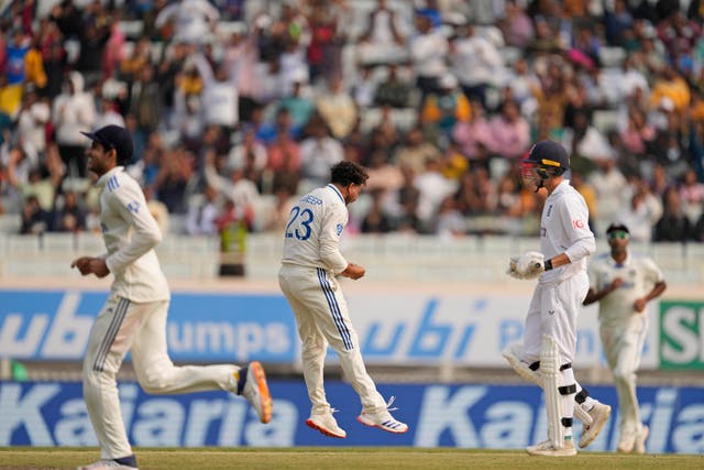 India’s Kuldeep Yadav, (centre) celebrates the wicket of England’s Tom Hartley day three of the fourth Test