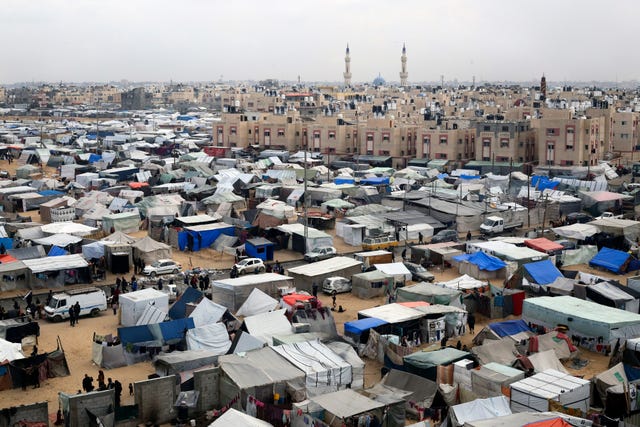 A tent camp housing Palestinians displaced by the Israeli offensive in Rafah, Gaza Strip