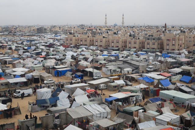 A tent camp housing Palestinians displaced by the Israeli offensive is seen in Rafah