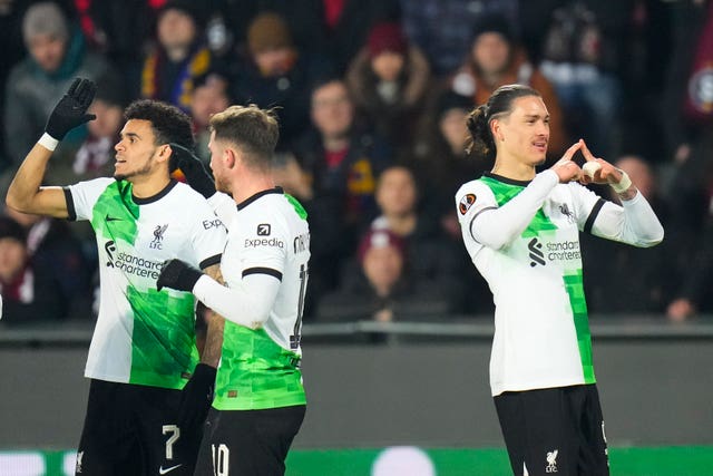 Darwin Nunez, right, celebrates after scoring Liverpool’s second goal against Sparta Prague