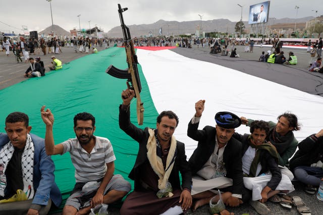Houthi supporters attend a rally against the US airstrikes on Yemen 