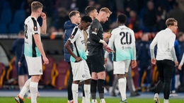 Brighton’s players react disappointed after the Europa League round of sixteen first leg soccer match between Roma and Brighton and Hove Albion, at Rome’s Olympic Stadium, Thursday, March 7, 2024. Roma won 4-0. (AP Photo/Andrew Medichini)