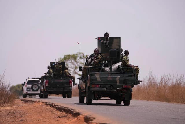 A Nigerian army patrol near the schools in Kuriga where students were kidnapped 