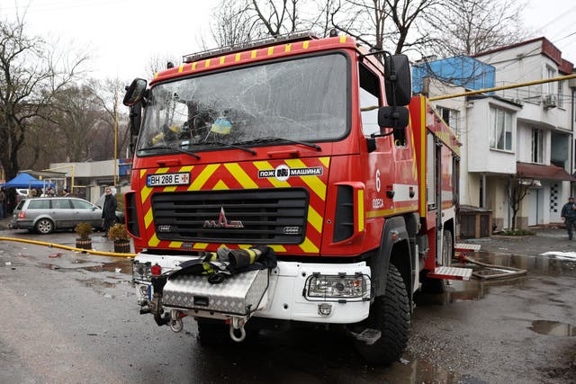 A damaged fire engine at the scene of the attack in Odesa