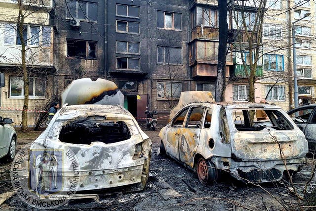 Burned cars after Russian attacks in Kyiv, Ukraine 