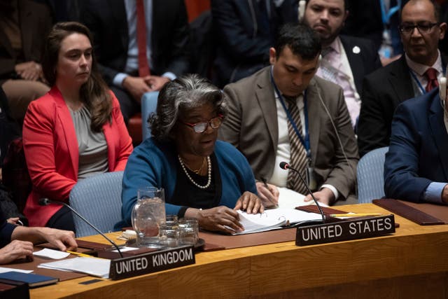 United States ambassador and representative to the United Nations Linda Thomas-Greenfield speaks during a Security Council meeting at United Nations headquarters 